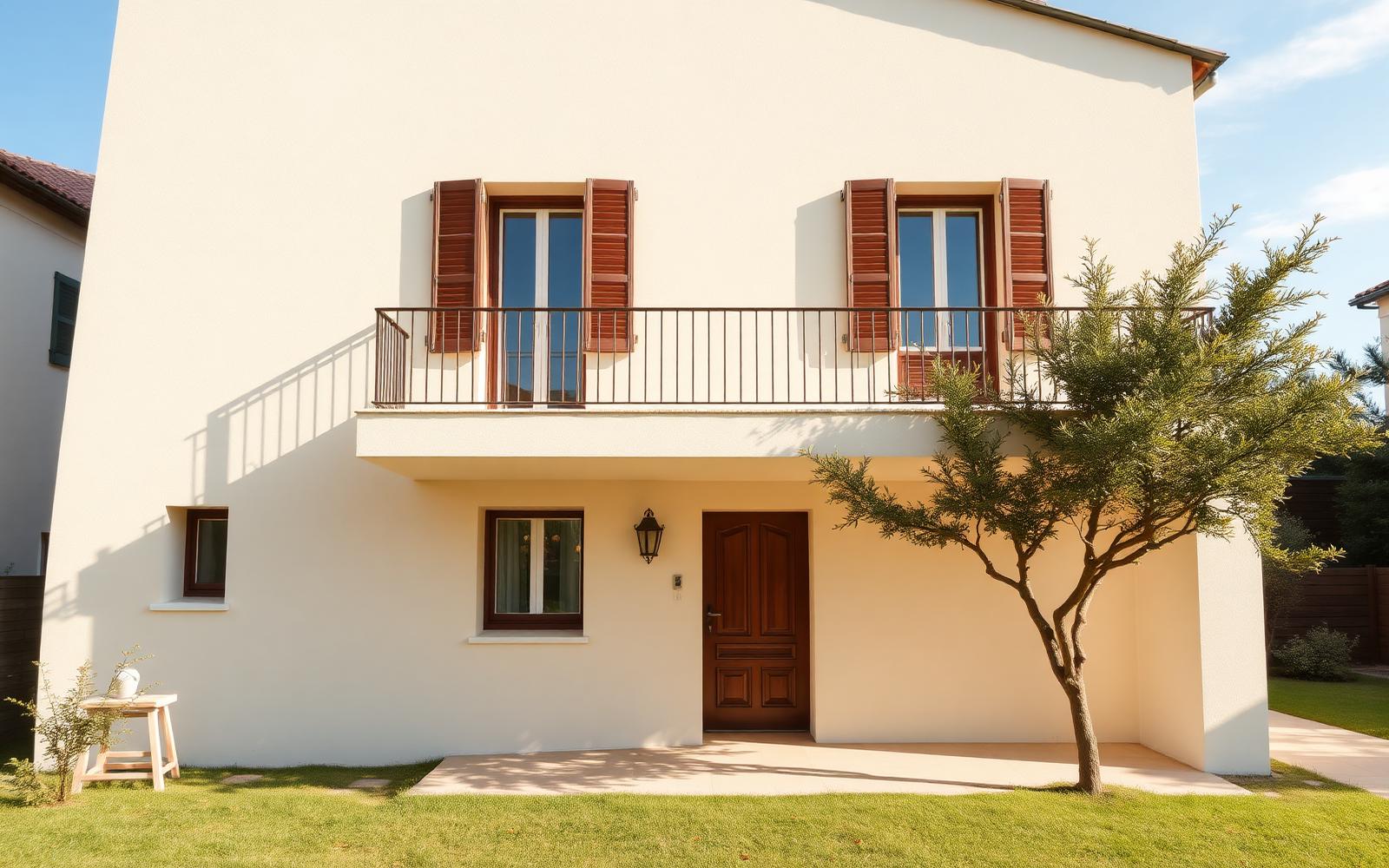 Casa indipendente italiana con facciata chiara in una giornata di sole